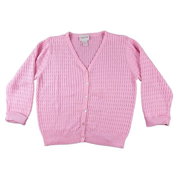 Womens Pink V-Neck Cardigan Cable Knit Sweater size Medium Crystal Kobe  JH1212 - Picture 1 of 3